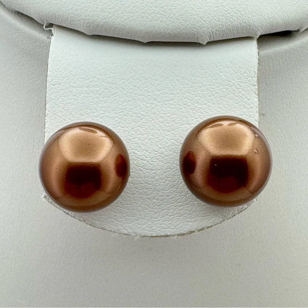 Elegant Brown Glass Pearl Stud Earrings Silver Tone Posts